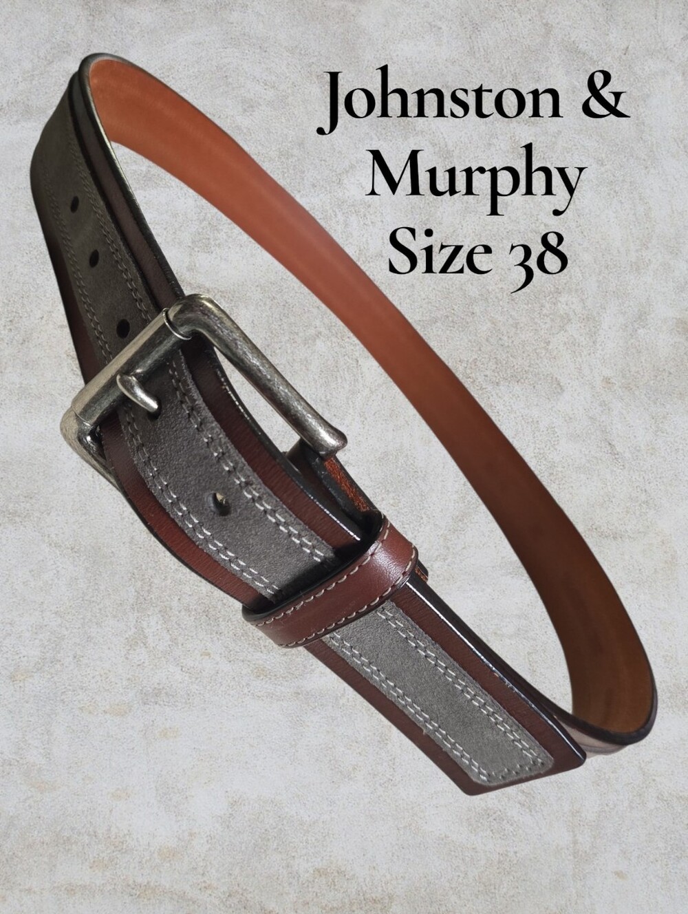 Johnston & Murphy Men's Leather Fabric Inlay Belt Size 38 Brown Gray 75-7020
